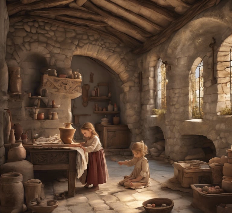 une petite fille joue dans une maison bourgeoise du 10ème siècle en France