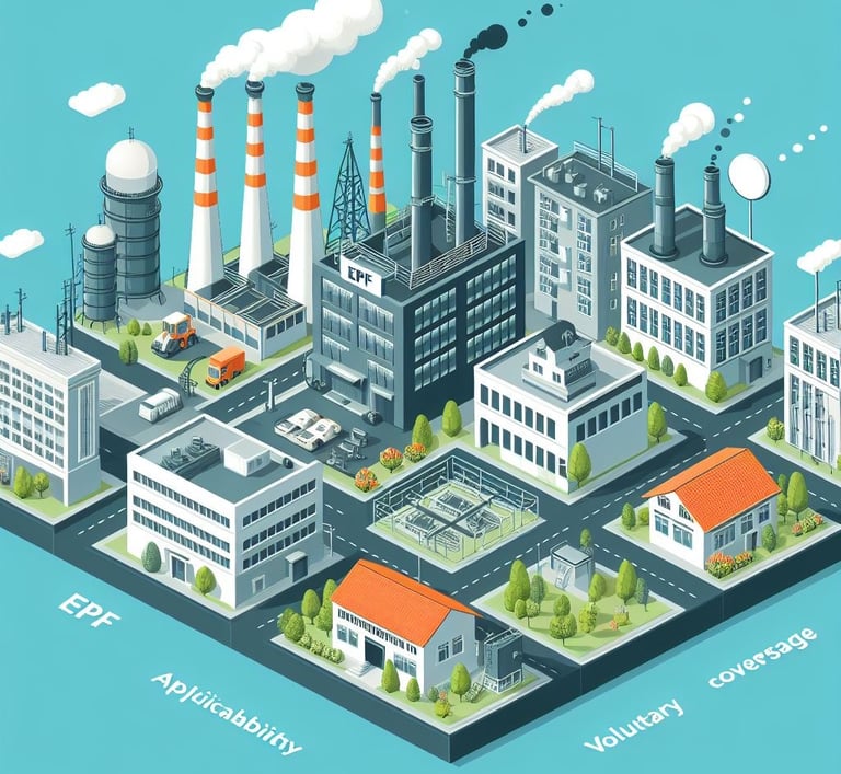 Illustration of factory and different establishments under the EPF Act showing applicability and voluntary coverage.
