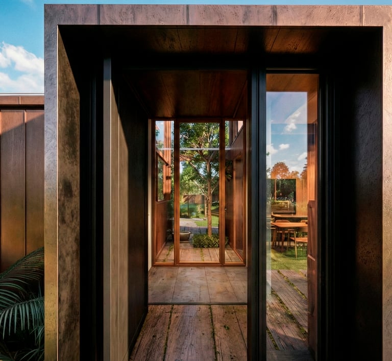 Ingreso a hall y patio interno en casa moderna. casa rancho. arquitectura con sentido.