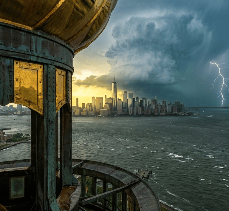 Foto desde dentro de la antorcha de la Estatua de la Libertad. Tormenta..
