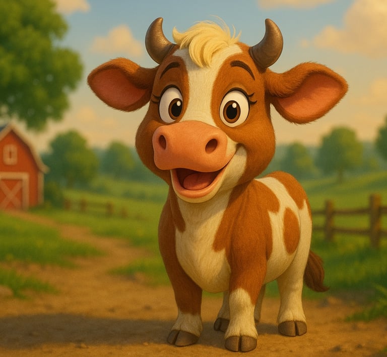 Bella the Cow teaching numbers in a colorful children’s learning scene.
