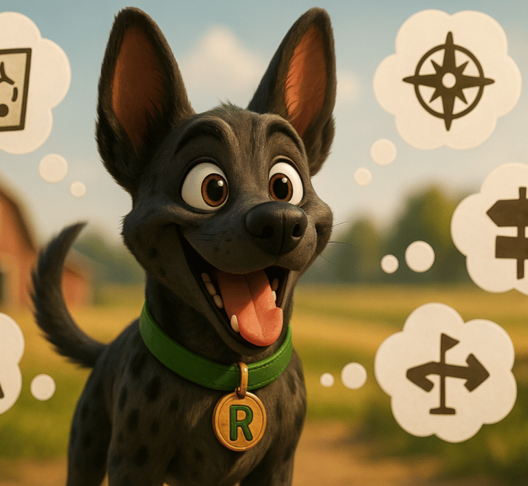 Cute animated dog character Robi from Barnyard Buddies teaching colors.