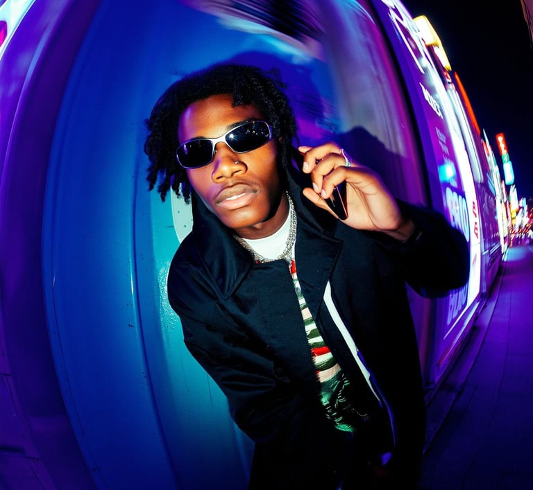 a man in a black jacket and sunglasses on phone