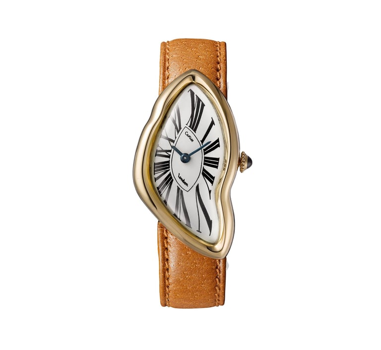 Cartier Crash watch with a surreal, melted dial design and leather strap.
