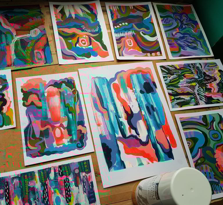 close up of several of my artworks in progress