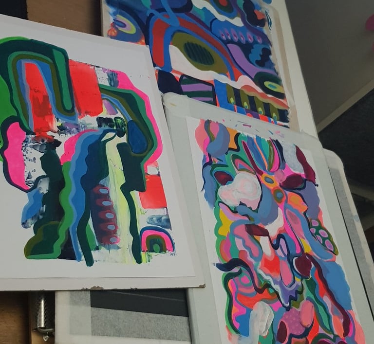 close up of my acrylic paintings in progress