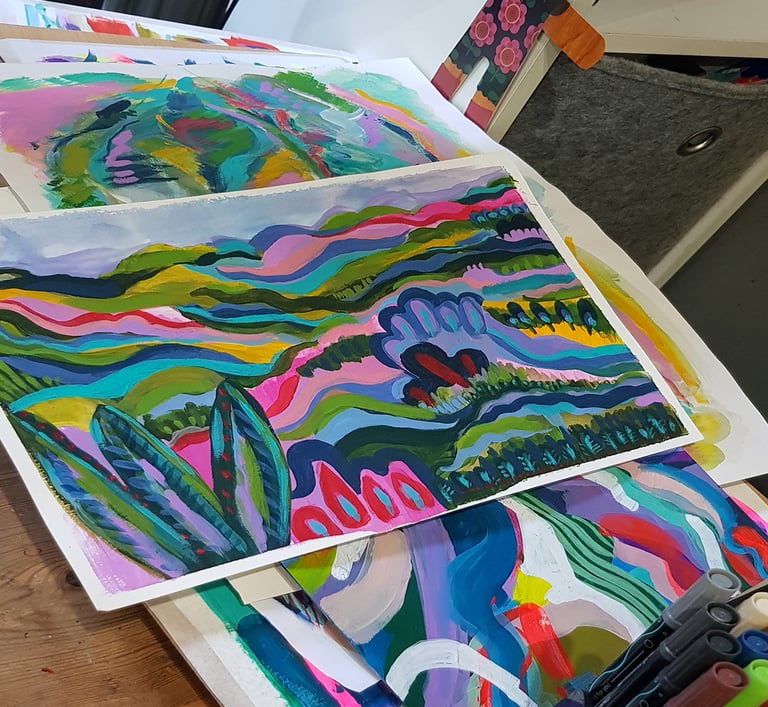close up of my paintings in progress
