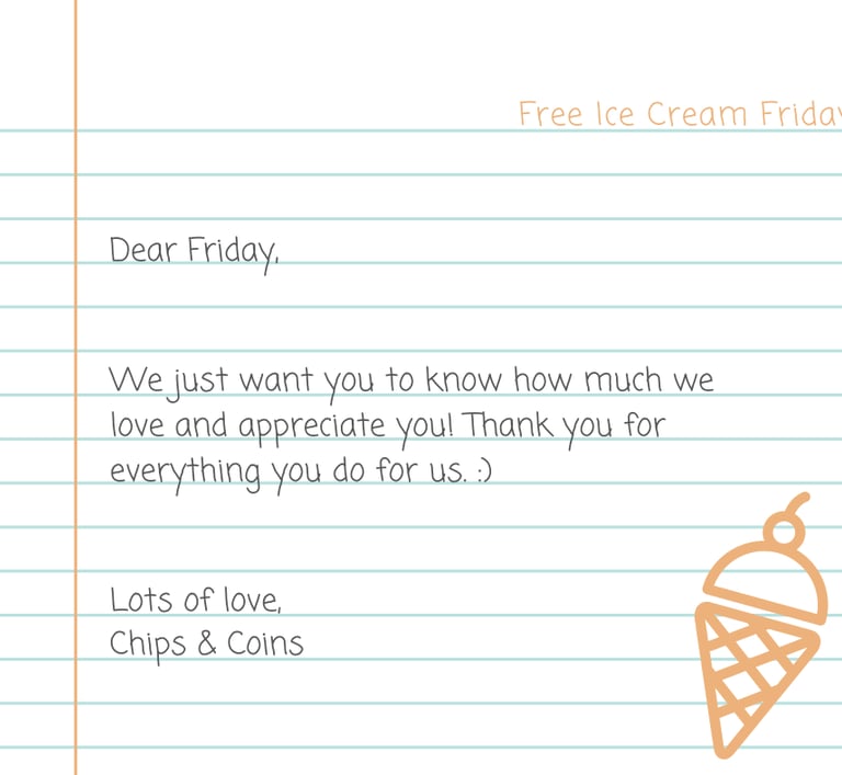 Appreciation post designed like a handwritten letter expressing thanks and promoting Free Ice Cream Friday.