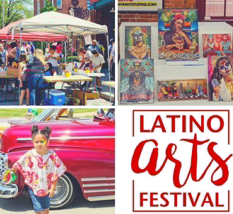 Latino Arts Festival social post showing families, local artists, classic cars, and colorful artwork.
