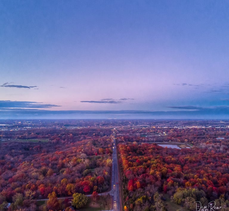 Drone view of a long road dividing colorful fall foliage, with city lights visible on the distant horizon.
