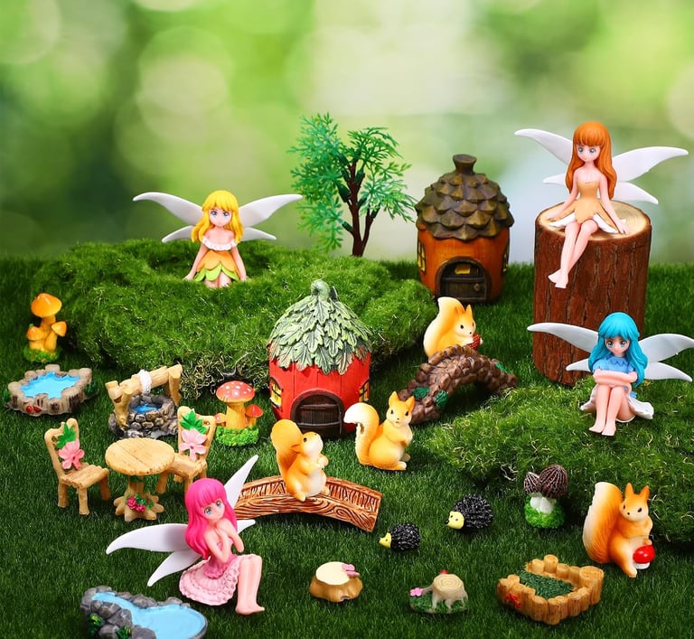 A miniature fairy garden kit featuring figurines, fairy houses, squirrels, and furniture on artificial moss.