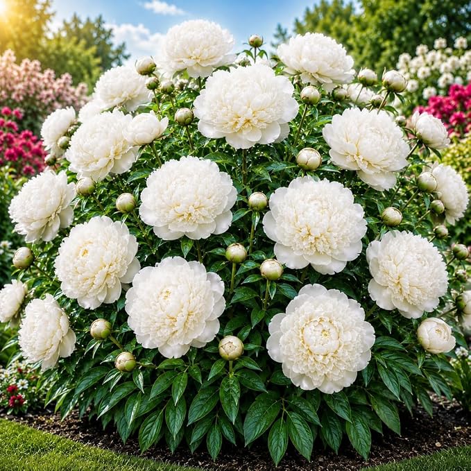 A large bush of blooming white peonies and green buds in a sunny summer garden.