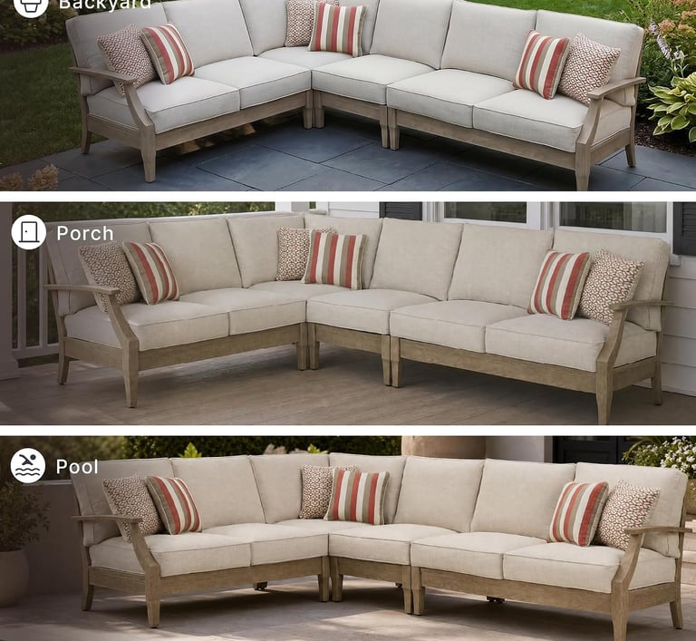 Outdoor sectional sofa set with cushions and pillows styled in a backyard, porch, and pool patio.