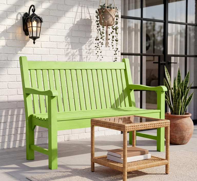 Modern lime green wooden garden bench on a patio with a wicker side table and hanging plant.