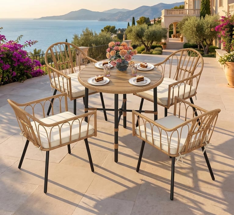 Elegant wicker patio dining set with a round table and four chairs on a terrace overlooking the ocean.