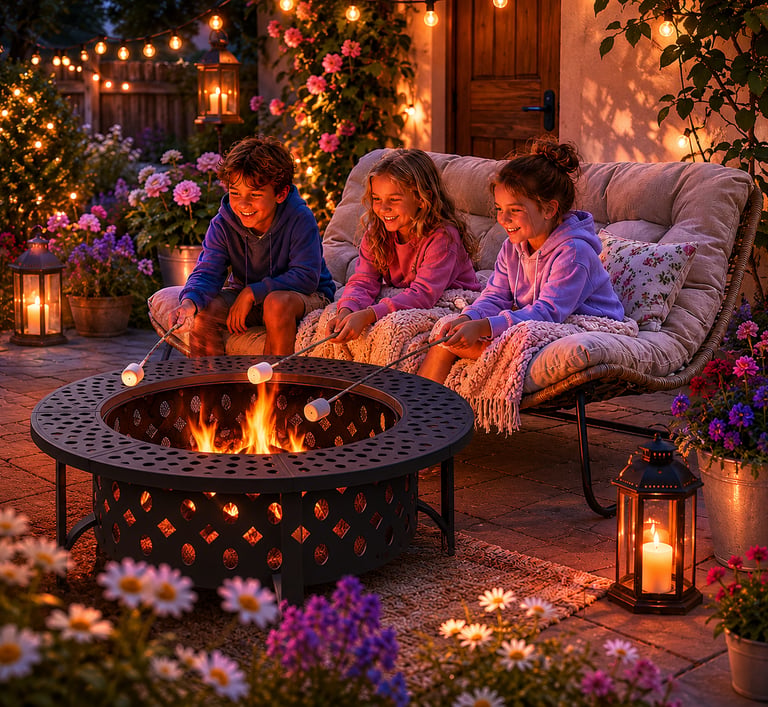 Three children roasting marshmallows over a backyard fire pit at night with cozy outdoor lighting.