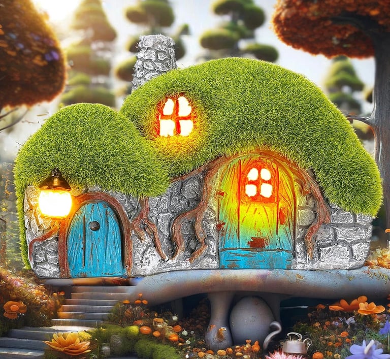 Whimsical stone fairy house with green moss roof and glowing windows in an enchanted garden.