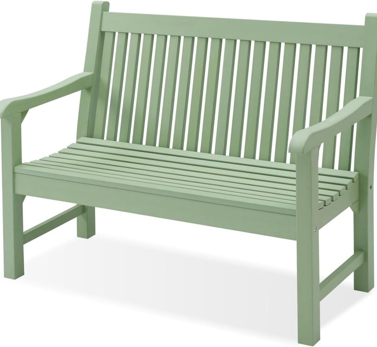Sage green wooden garden bench with a slatted backrest and armrests for outdoor seating.