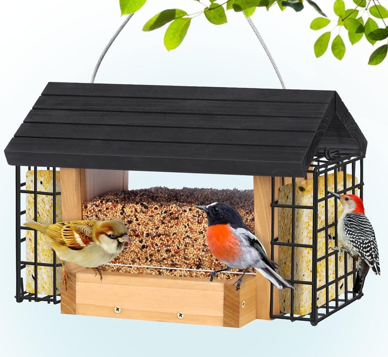 Three small birds eating birdseed and suet cakes from a hanging wooden bird feeder.