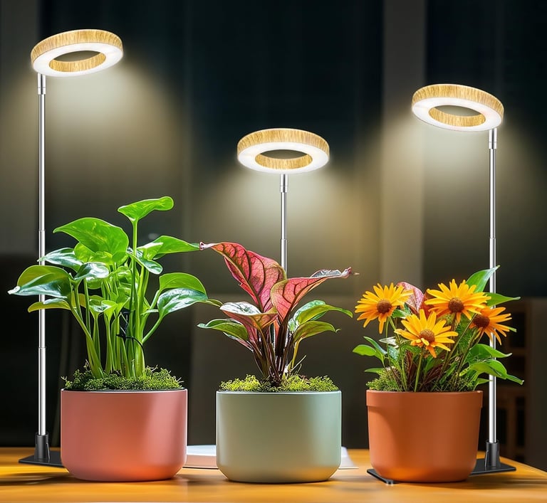 Three adjustable LED halo grow lights illuminating indoor potted houseplants on a wooden table.