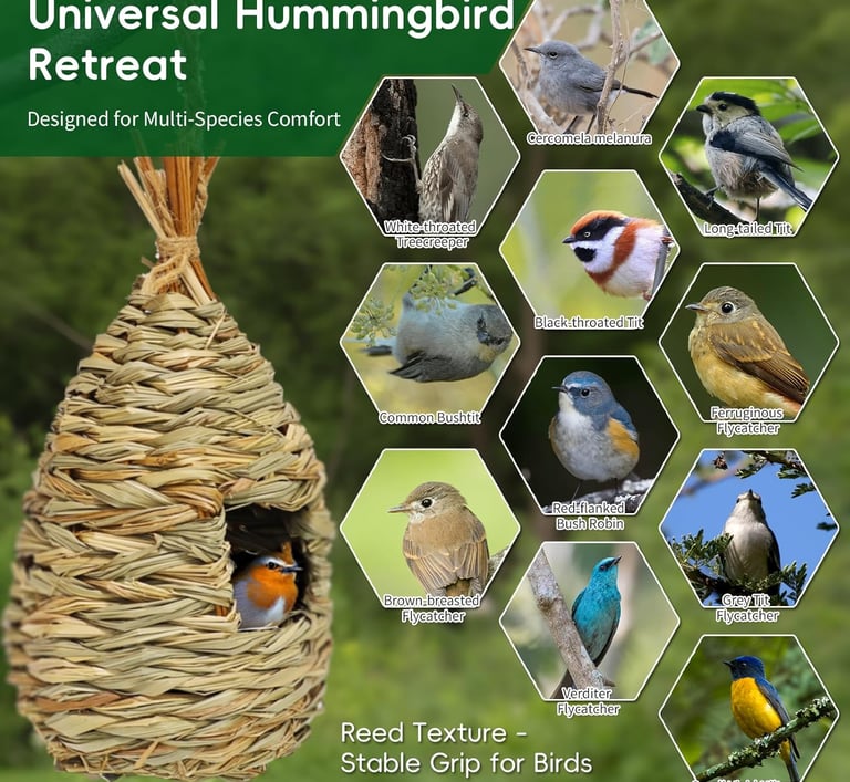 Handwoven reed hummingbird nest for various small bird species including flycatchers and tits.