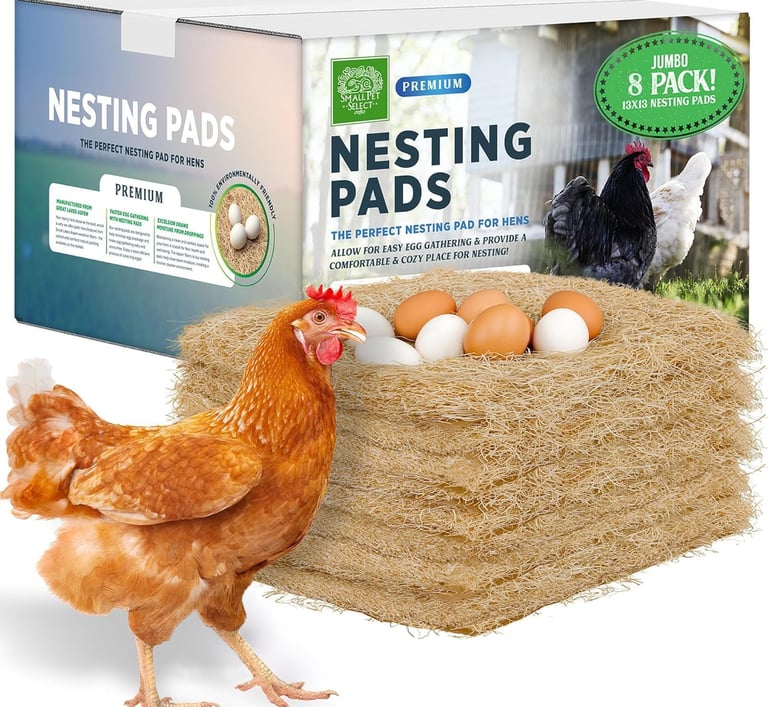 A stack of premium aspen wood fiber nesting pads for hens with a brown chicken and fresh eggs.