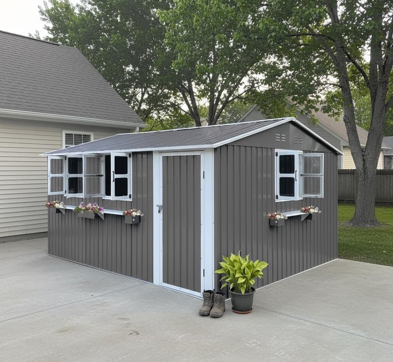 Modern grey metal garden storage shed with white trim, windows, and flower boxes on a concrete patio.