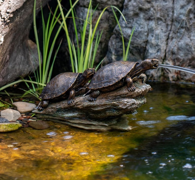 A decorative turtle pond spitter fountain on a rock, spraying water into a backyard garden pond.