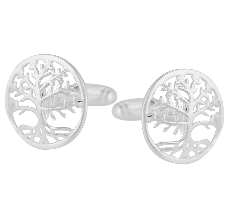Elegant silver tree of life cufflinks for men featuring a detailed cut-out circular design.