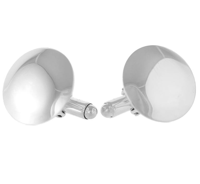 round polished silver cufflinks for men's formal dress shirts on a white background.