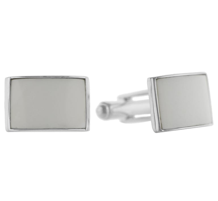 Elegant rectangular silver cufflinks with white mother of pearl insets for men's formal wear.