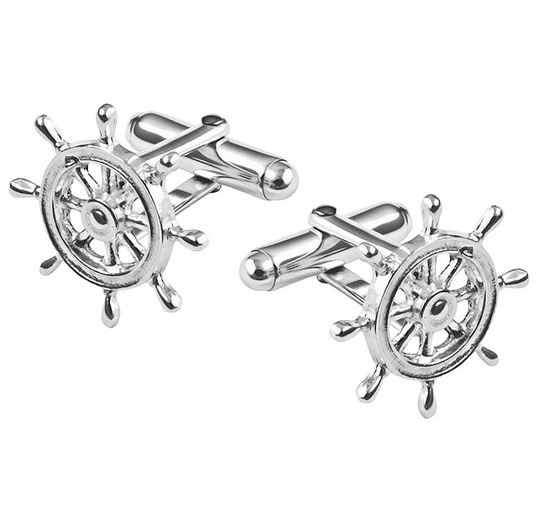 boat ship wheel cufflinks with a sleek toggle back design for men's formal attire.
