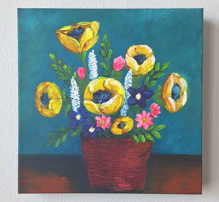 Floral painting of semi yellow anemones and wildflowers in a brown pot against a teal background.