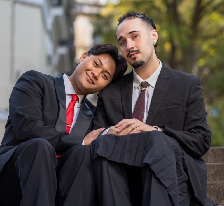 "Pareja gay casada, un hombre asiático y un hombre español, sentados juntos disfrutando de su amor y unión."
