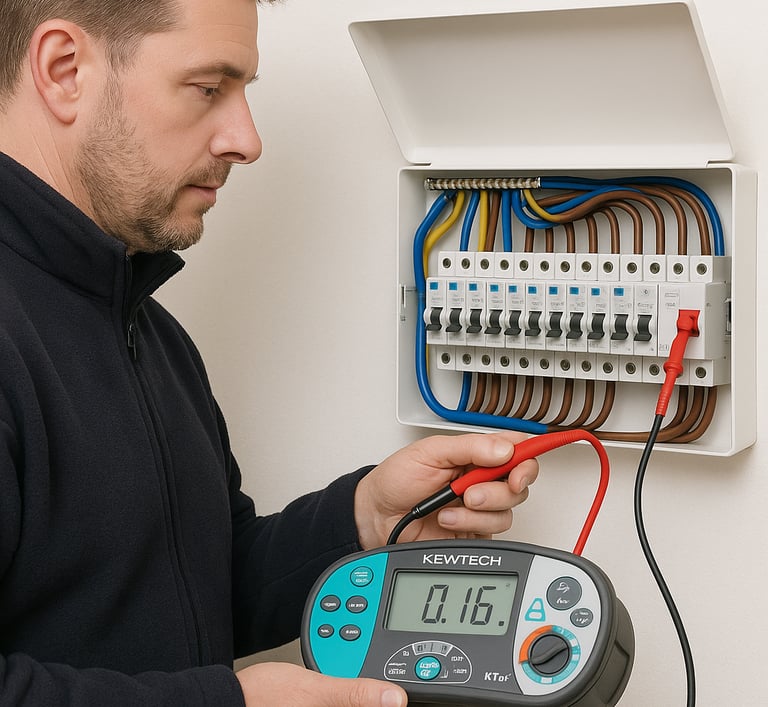 Domestic Electrician in london checking fuse box.