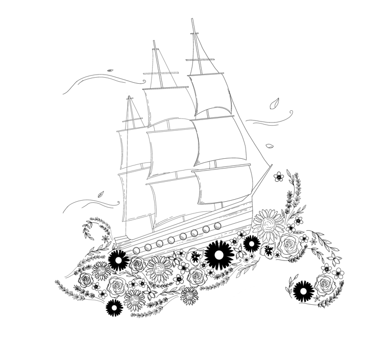 black and white line art ship and flowers