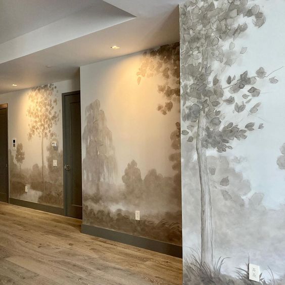 house of akaya India designed hallway with a wall mural of a tree