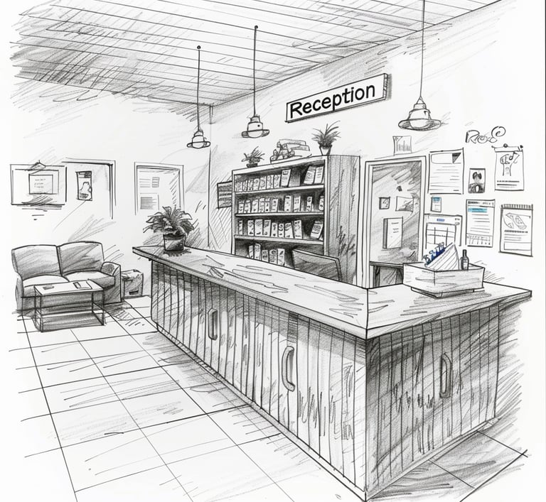 Sketch of planned reception area for Ensure Pet Care’s small animal sanctuary in Silver Spring.