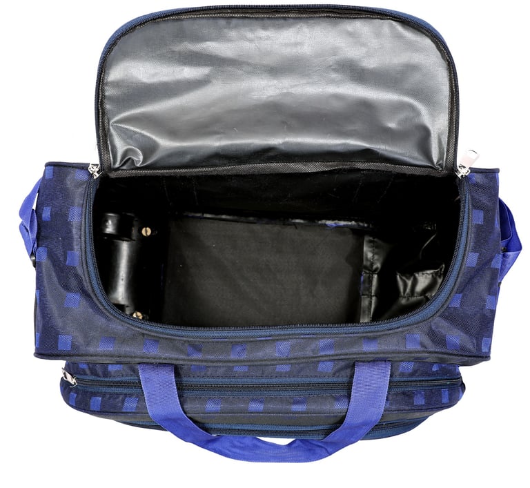 blue duffle bag showing main open compartment
