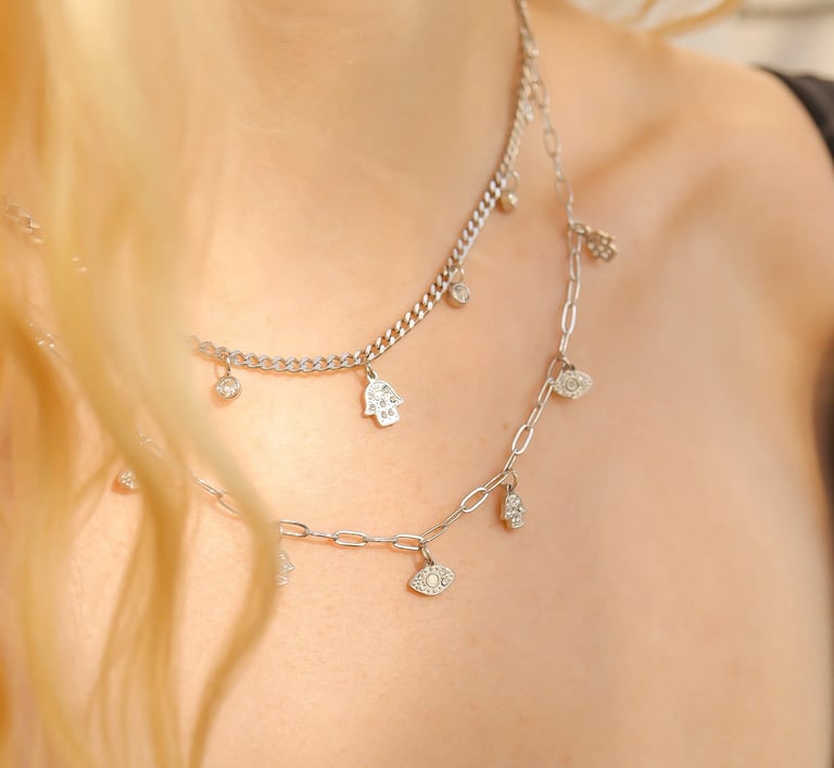 18K Gold PVD Hamsa & Evil Eye Convertible Charm Necklace