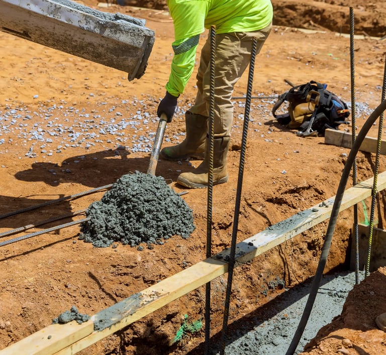 a man in a yellow jacket is pouring concrete into a concrete slab