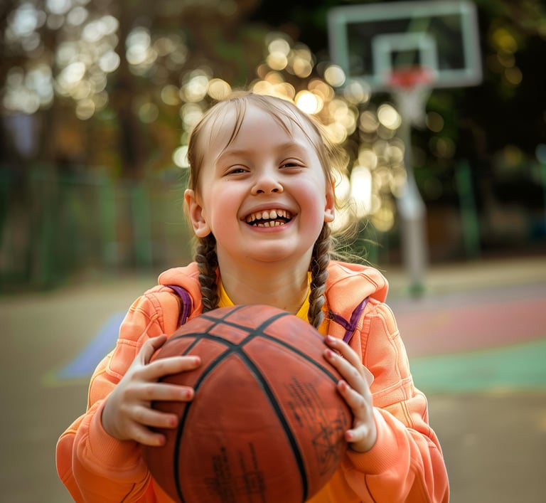 Un petite fille, heureuse d'avoir un ballons de Basket dans les main 