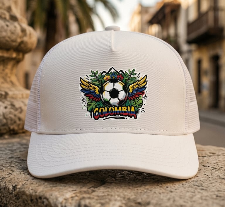 White La Cresta Snapback hat with colorful Colombian crest featuring soccer ball, wings, and graffit