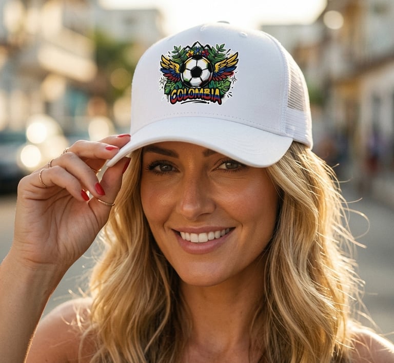 Blonde woman wearing white La Cresta Snapback hat with Colombian crest design outdoors