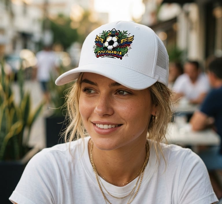 Smiling woman wearing La Cresta Snapback hat with bold Colombian pride crest in city setting