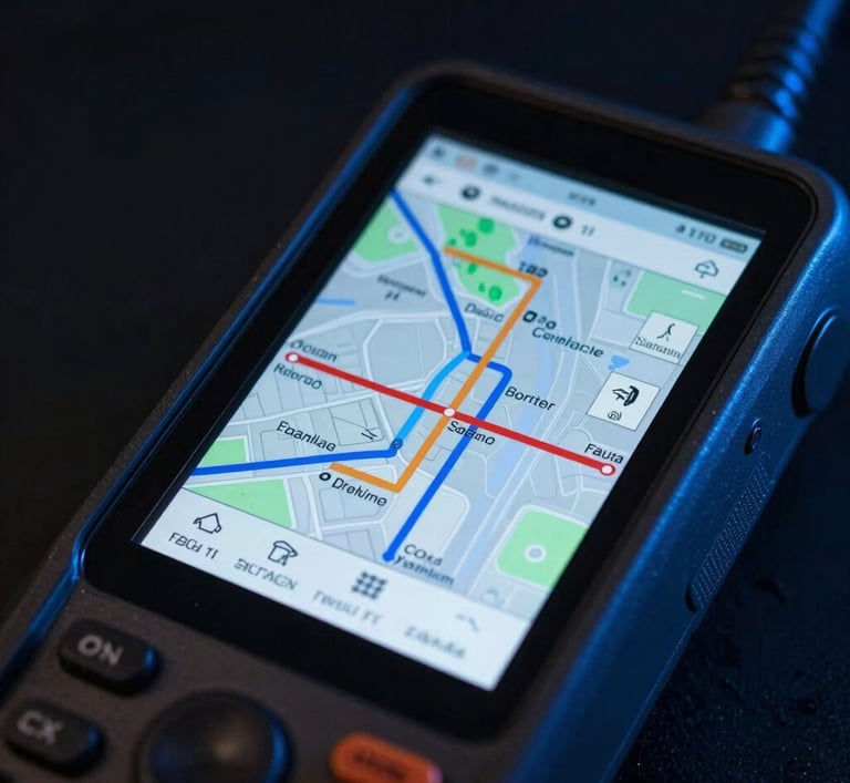 Macro shot of a rugged handheld terminal displaying warehouse routing maps under harsh industrial lighting.