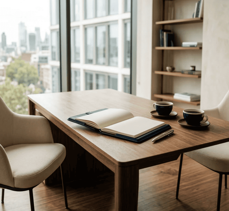 Modern home office with a wooden desk, notebook, coffee cups, and a city skyline view through large windows.