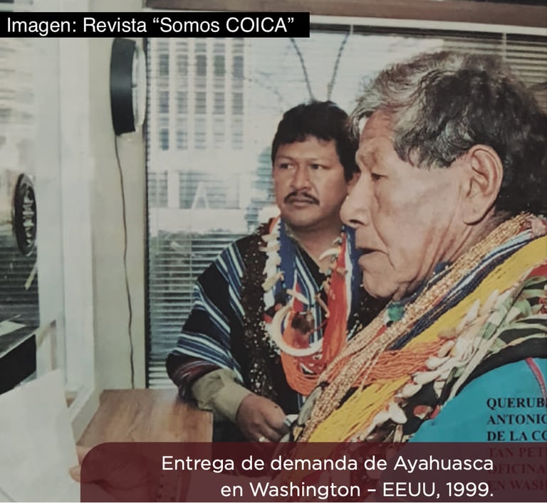 Indigenous COICA leaders delivering the Ayahuasca patent lawsuit in Washington DC 1999.