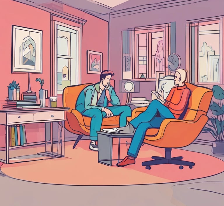 A calm therapy room with warm lighting and comfortable seating.