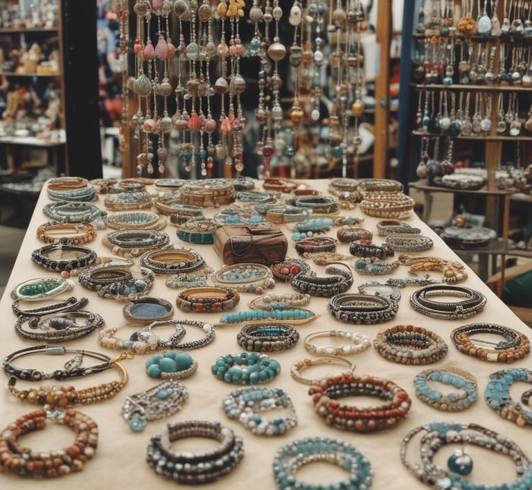 Handmade beaded bracelets and bohemian jewelry displayed on a table at an artisan craft market.